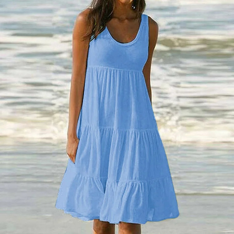 light blue Fanbety женское праздничное пляжное платье ярких цветов, Элегантное летнее сексуальное плиссированное платье без рукавов с круглым вырезом, женские вечерние платья, Vestidos 5XL - Цвет: light blue