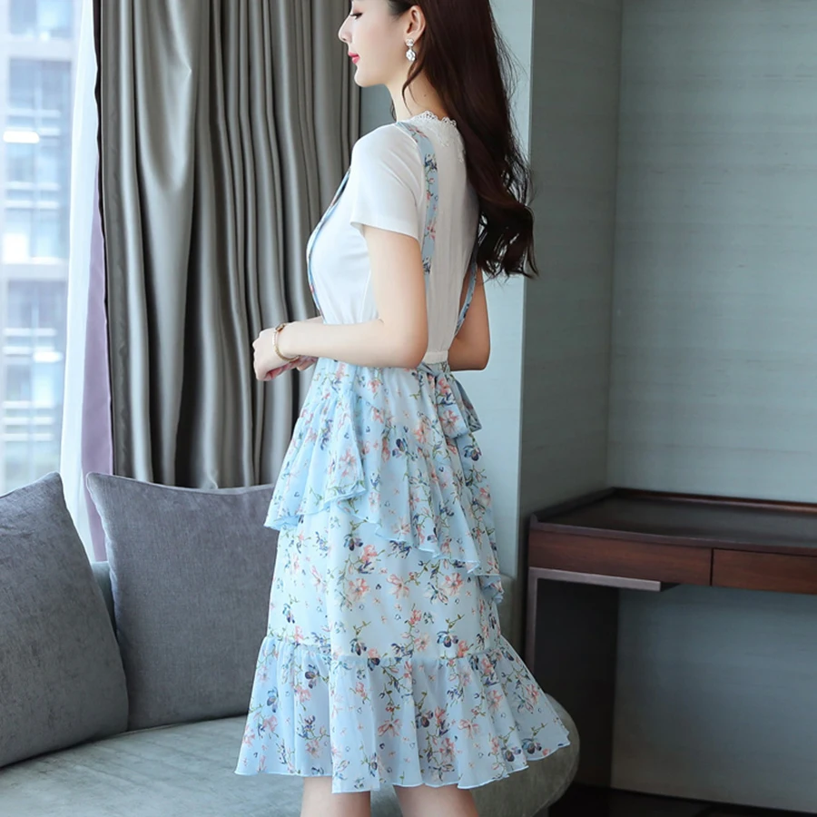 Femal Vintage Elegant Blue Chiffon Boho Midi Dresses Summer Plus Size Fake Two Piece Sundress Women Bodycon Party Vestidos