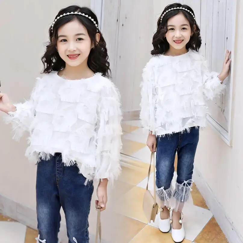 2019 Весенняя кружевная блузка для девочек-подростков белая детская одежда