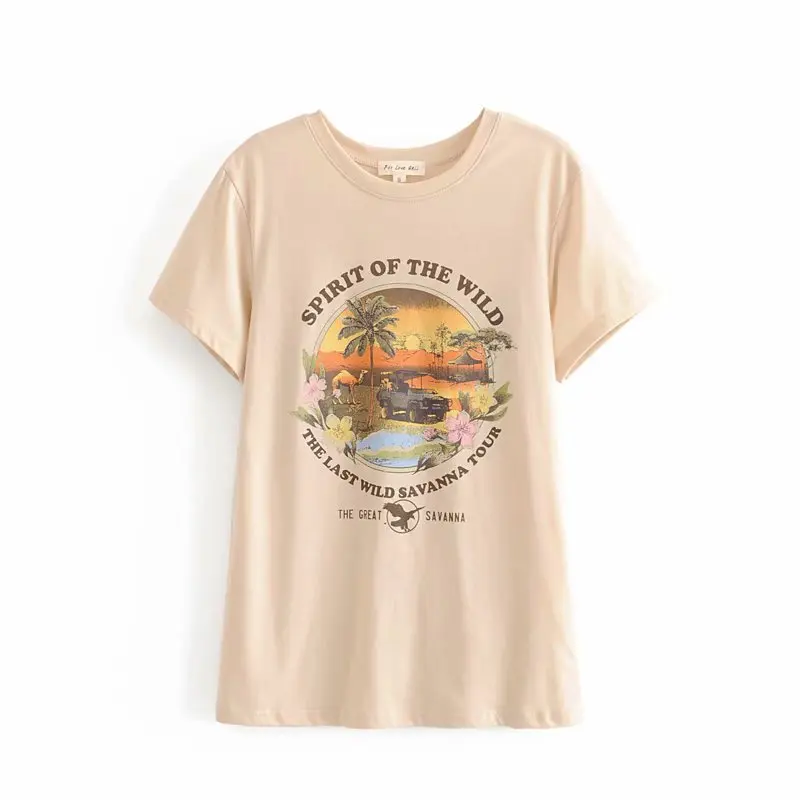 Everkaki Boho chic Модные женские хлопковые топы с круглым вырезом и принтом деревьев футболка с буквами женская футболка с коротким рукавом женский топ - Цвет: Apricot