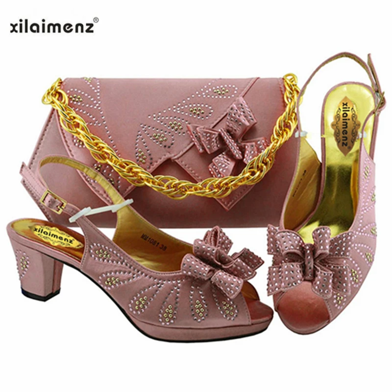 Comfortable Heels Hot Selling 20189 Pink Color Woman Shoes And Matching Bag Set Italian Style Pumps For Party | Обувь