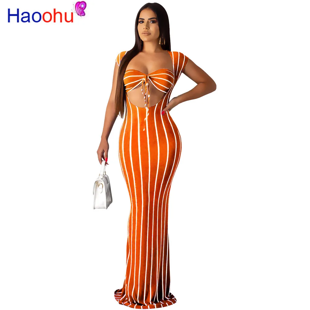 

HAOOHU Striped Two Piece Set Women Summer Festival Clothing Strapless Top and Sexy Maxi Dress Matching Sets 2Piece Club Outfits