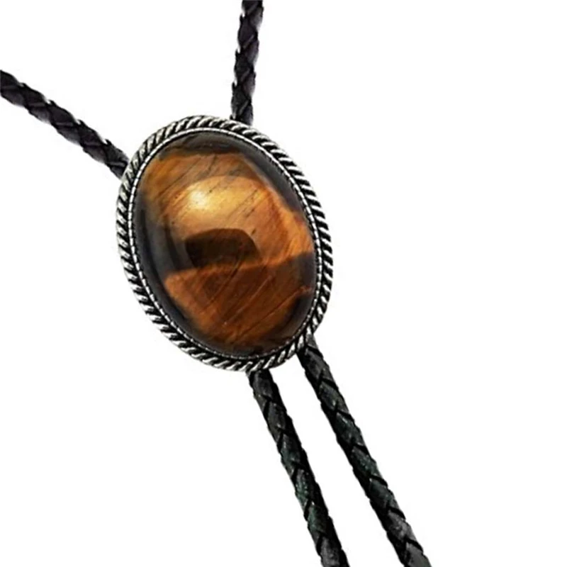 Original Western Cowboy BOLO Tie Clip Mosaic Natural Tiger-eye Stone Leather Rope Mens Fashion Jewelry