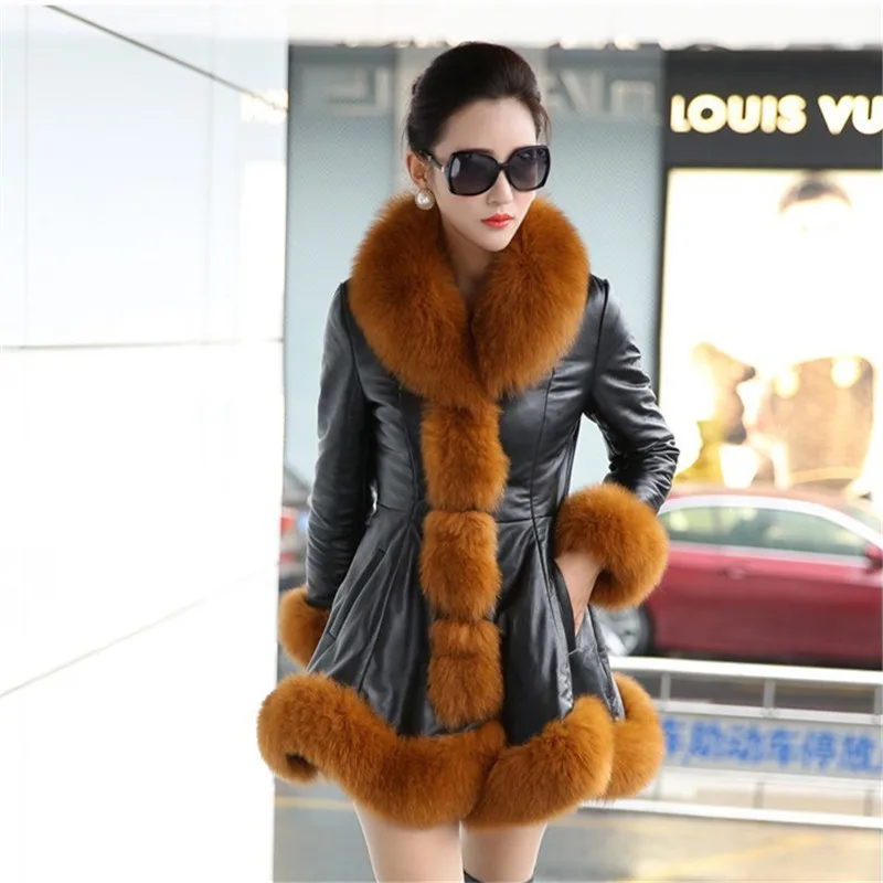 

PU Patchwork Women Fake Fox Fur Long Coat Korean Style Plus Size Slim Fit Women Clothes 2019 New Arrival Female Coat 5XL 6XL