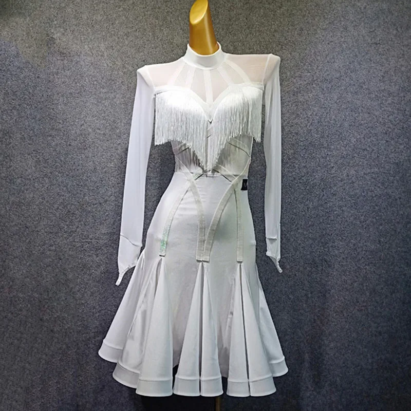 White Dress Черное платье для латинских танцев для женщин Vestido Flecos tassels Фламенго Румба/Танго/Сальса платье конкурентоспособное красное платье для латинских танцев VDB487 - Цвет: White Dress
