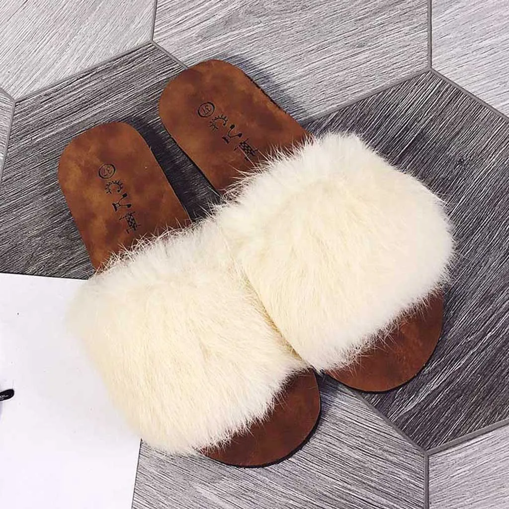 Beige Меховой слайд Симпатичные, с перьями, на плоской подошве, пляжные женские сандалии шлепки для волос Для женщин домашние тапочки обувь с искусственным мехом на плоской подошве - Цвет: Beige