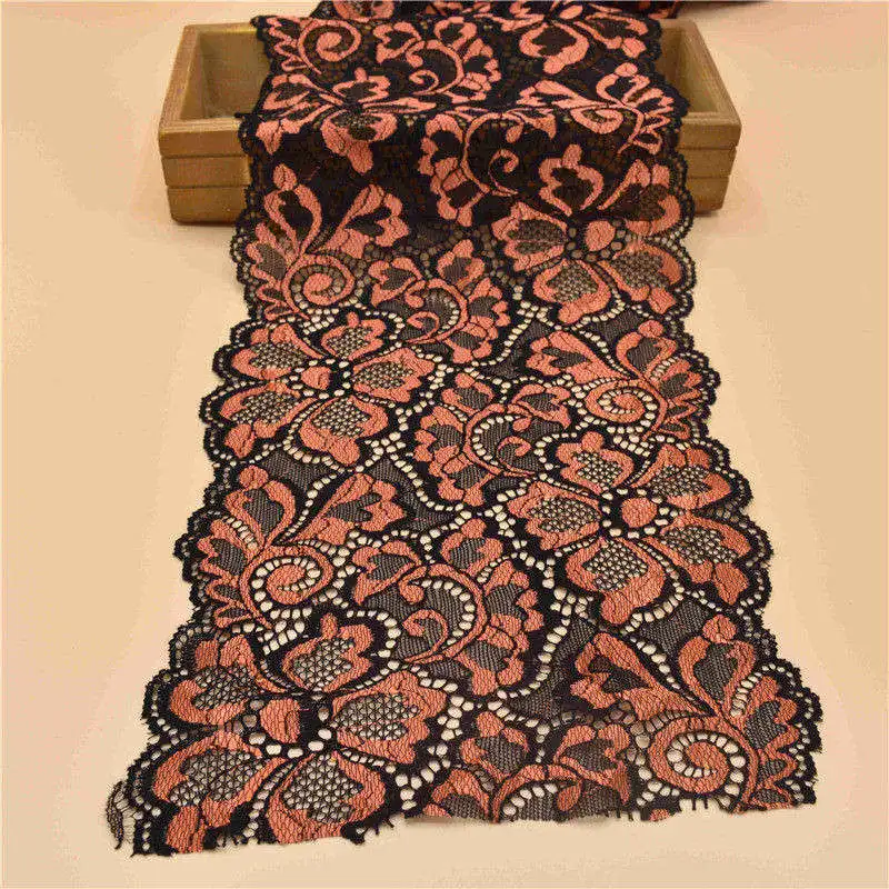 Black Orange 1 ярд Высококачественная эластичная кружевная лента 18 см Ширина хлопок белая кружевная отделка вышитая нигерийская африканская кружевная ткань для шитья - Цвет: Black Orange
