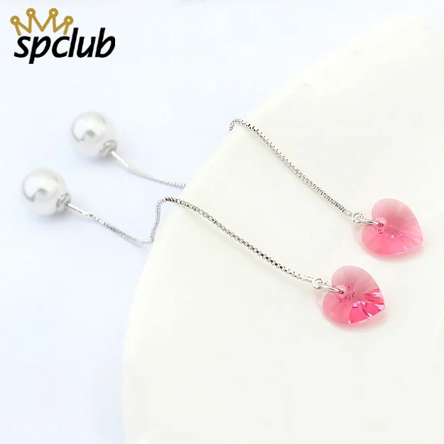 Женские серьги подвески с кристаллами Сваровски в форме сердца жемчугом и