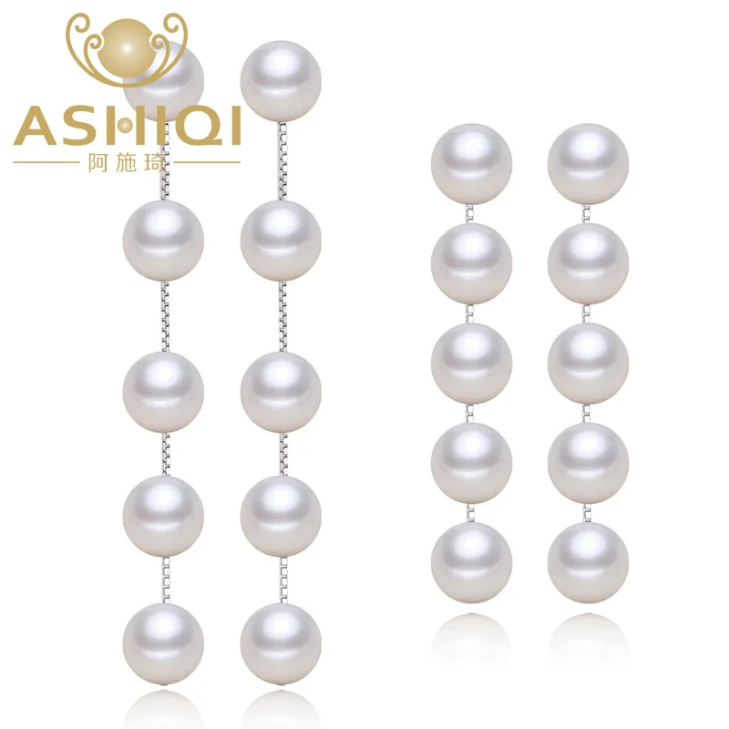 

ASHIQI Real 925 Sterling silver dangle earrings , tassel long Natural Freshwater pearl earrings Jewelry