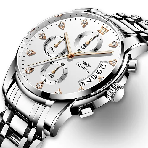 Steel white Relogio Masculino мужские часы Роскошные спортивные часы 3ATM водонепроницаемые часы с хронографом наручные часы из нержавеющей стали ремешок Saat - Цвет: Steel white