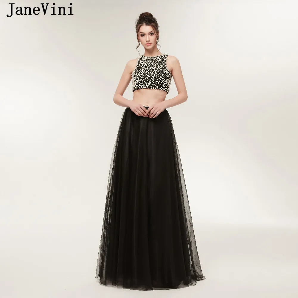 

JaneVini Elegant Tulle Two Pieces Bridesmaid Dresses O-Neck Backless Luxurious Pearls Black A Line Long Prom Gowns Floor Length