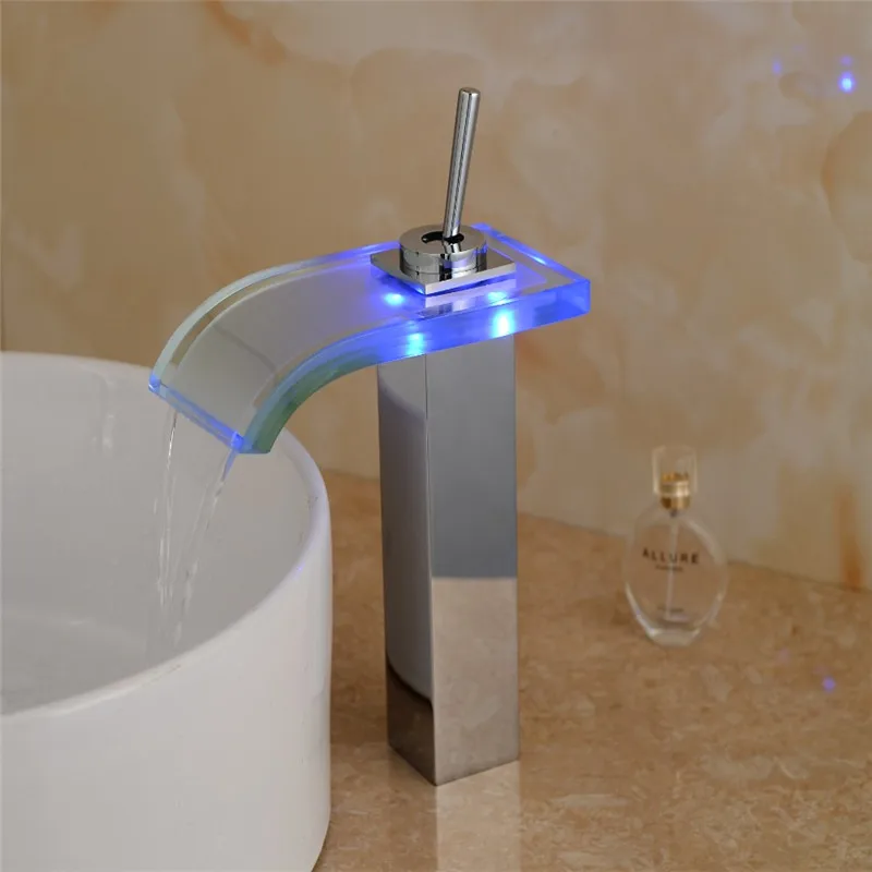 Светодиодный кран с водопадом для ванной комнаты смеситель раковины. Стеклянный