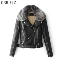 crriflz lady white black pink motorcycle biker outerwear coats women winter warm faux leather jackets with fur collar