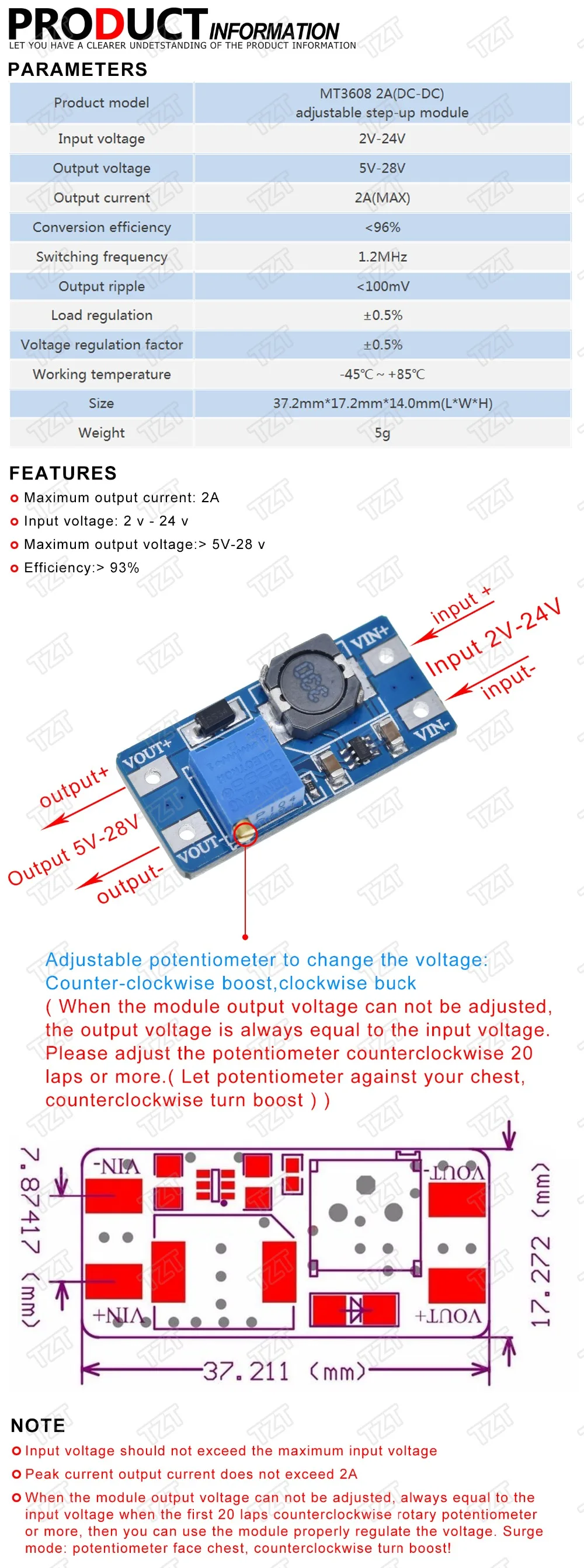 1 шт. Great IT MT3608 2A Max DC-DC Повышающий Модуль питания усилитель мощности 3-5 в до 5 В/9 В/12 В/24 В