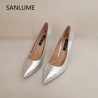 sanlume cowhide silver texture women sexy high heels real leather dress pumps shoes pumps lady pointed toe inside sheepskin