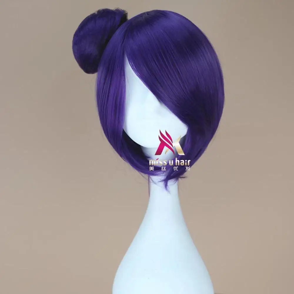 Miss U Hair Synthtic взрослый ребенок короткие прямые фиолетовые волосы косплей, вечеринка, Хэллоуин парик с булочкой и цветком
