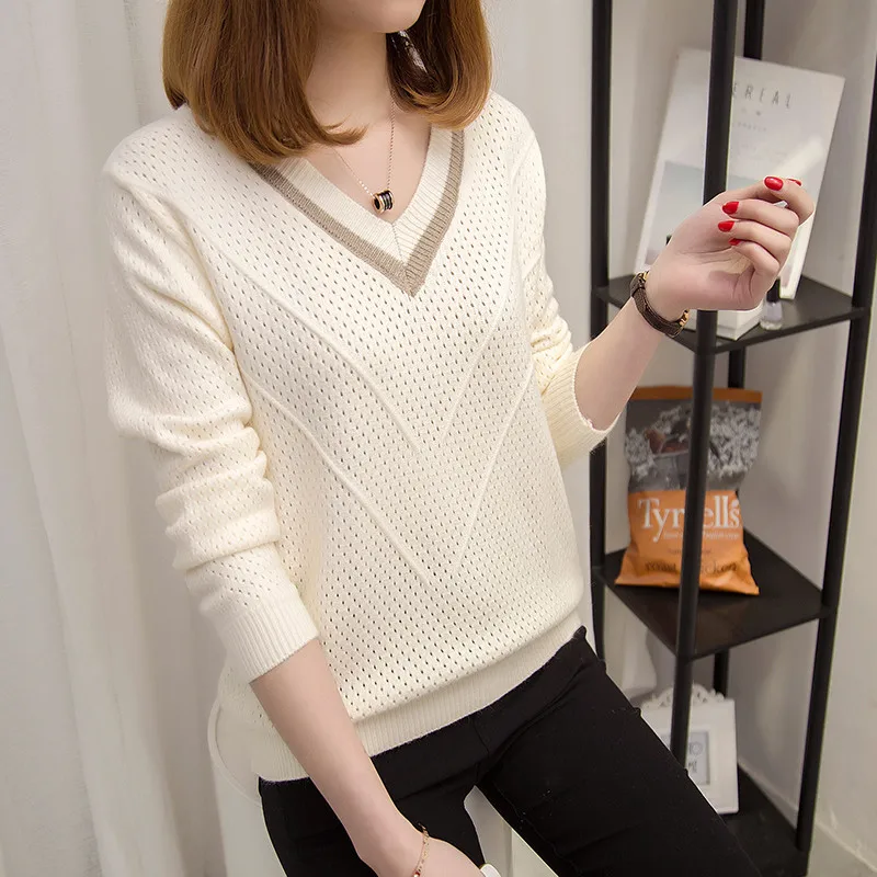 

Women Sweater Spring Autumn New Long-Sleeved V-Neck Hollow Knitted Sweaters Pullover Thin Section Loose Fashion Female Tops A155