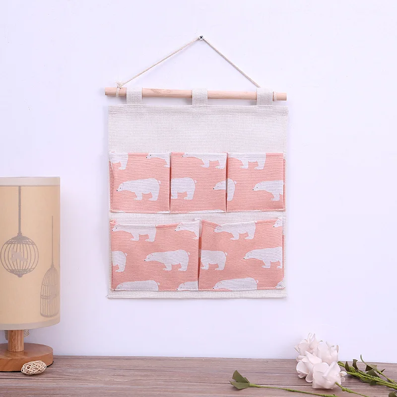 Polar bear pink Фламинго шаблон хлопок белье висячая сумка для хранения 5 карманов настенный шкаф висячая сумка карман на дверь милые игрушки Органайзер - Цвет: Polar bear pink