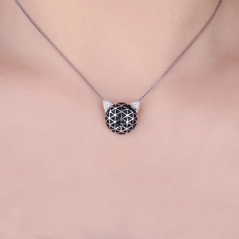 JewelryPalace Genuine Black Spinel Cubic Zirconia Cat Face Pendant Without Chain 925 Sterling Silver Pendants Necklaces Without