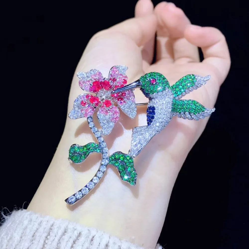 bird and flower brooch pin fine women jewelry 925 sterling silver free shipping pave stone 56*73MM | Украшения и аксессуары