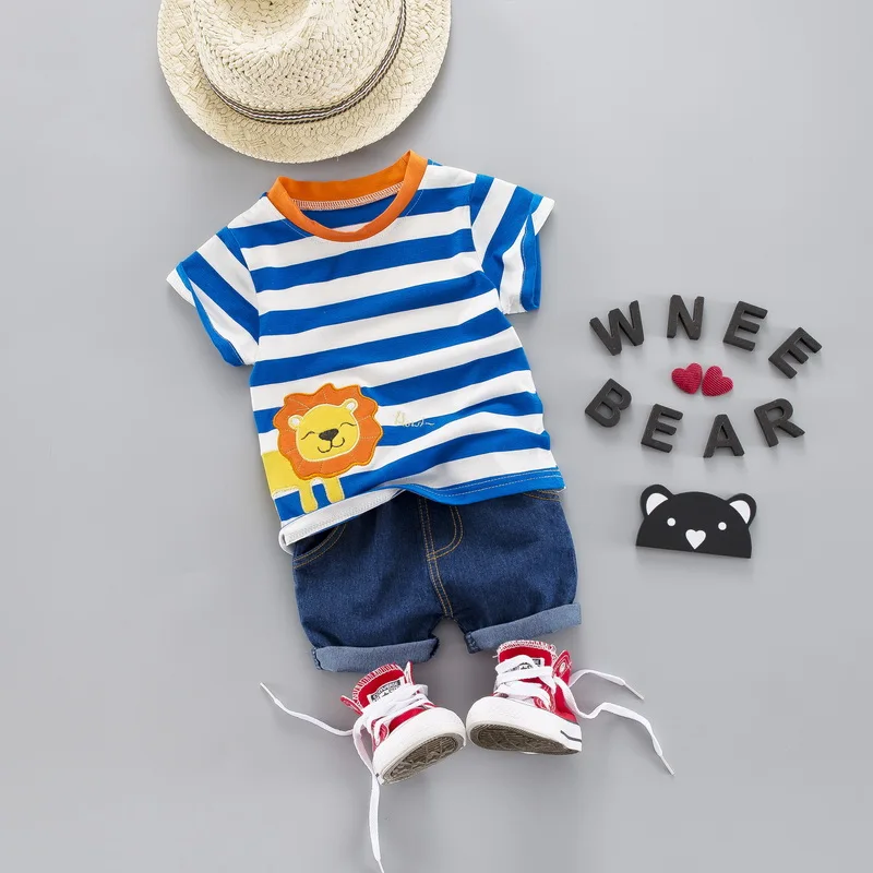 Kids Baby Boy Fashion Strip Summer Clothing Set Animal Printed T Shirt + Jeans Suit Children Boys Outfit 1 2 3 4 Years |