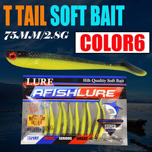 color 6 10 шт./партия рыболовные приманки T Shad 75 мм 2,8 г пластиковая наживка из мягкого материала T Форма Grub Shad Swimbait Искусственный бас-приманка воблеры - Цвет: color 6