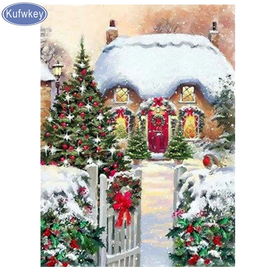 Kufwkey 5D Diy бриллиантовый рисунок Рождество дом снег дерево вышивка крестиком