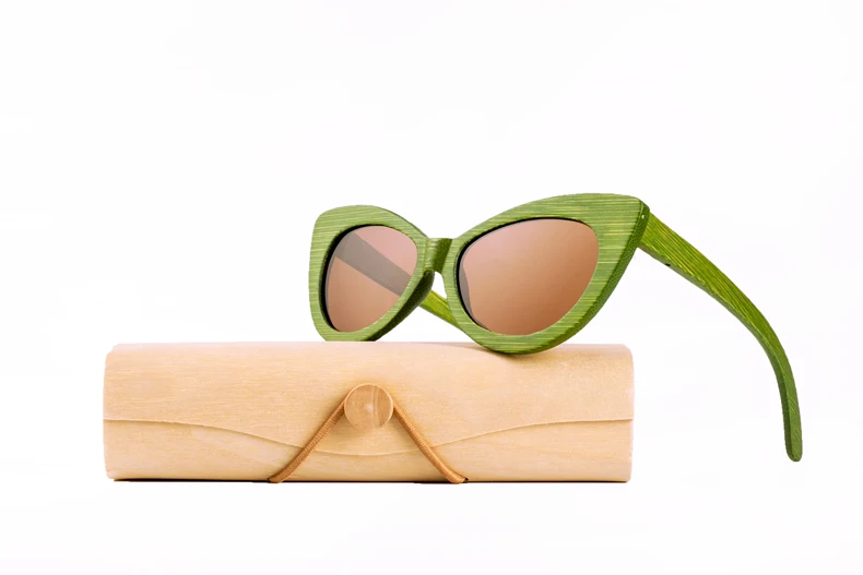 Green-Coffee Новые Кошачий глаз женские солнцезащитные очки Тонированные цветные линзы Мужские Винтажные Солнцезащитные очки без оправы бамбуковые солнцезащитные очки фирменный дизайн - Цвет линз: Green-Coffee