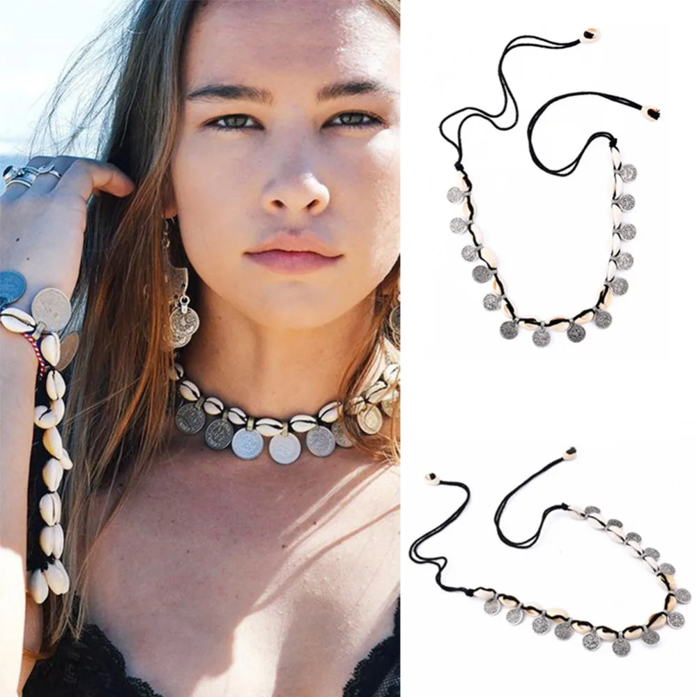 Бохо оболочка чокер ожерелье морской пляж Посеребренная монета кулон