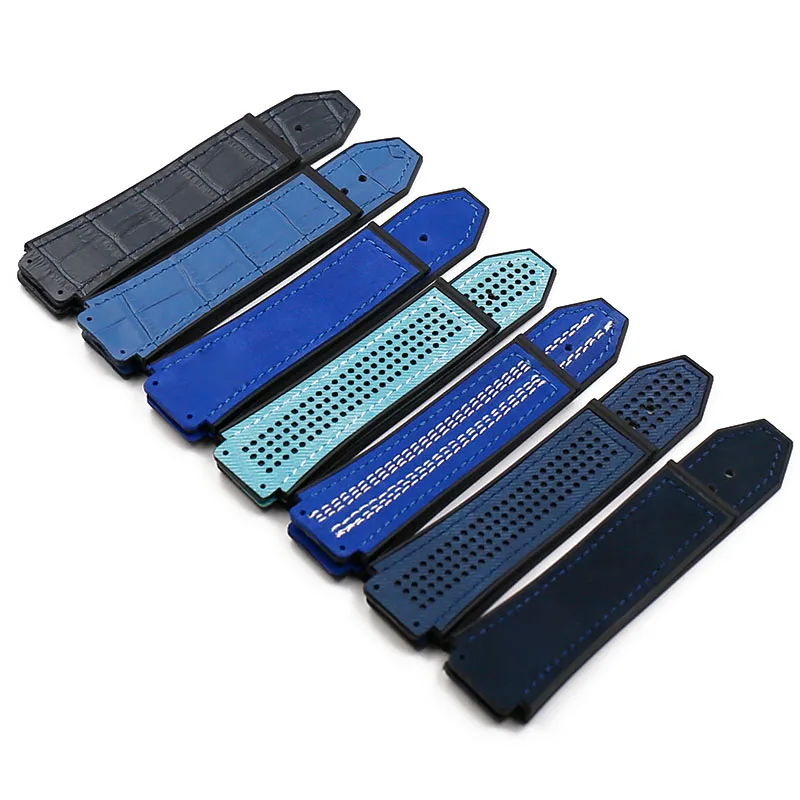 Blue leather strap sports waterproof rubber strap female 19mmx25mm watch accessories for HUBLOT big bang bracelet men watch band