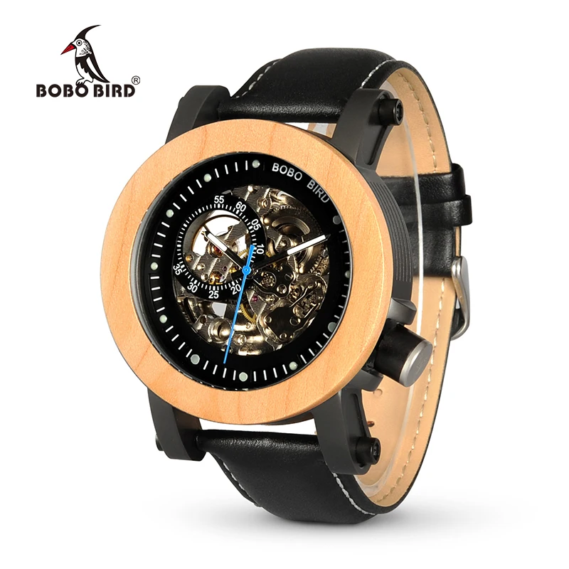 BOBO BIRD WK14 Mens Watches Brand Luxury Vintage Bronze Skeleton Male Case Leather Strap Antique Steampunk Casual Automatic