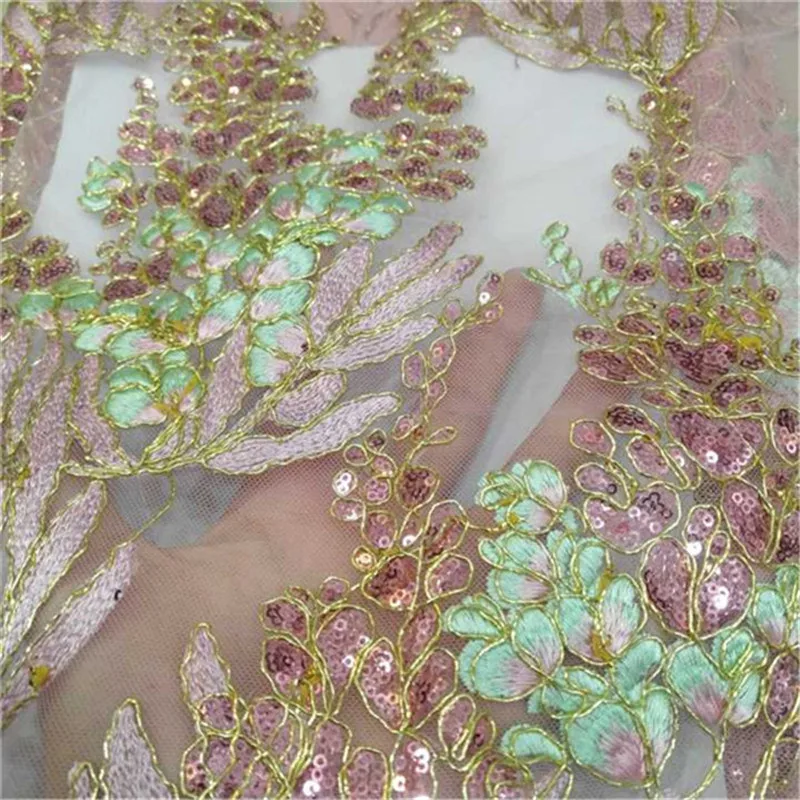Кружевная ткань в африканском стиле с пайетками персикового цвета фатиновая
