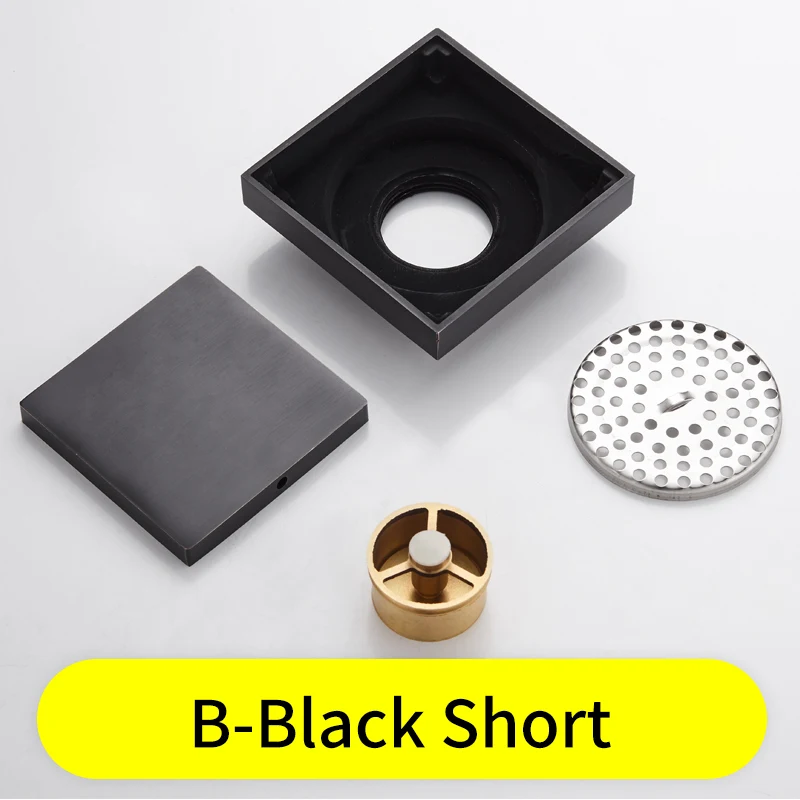 B-Black-Short Ванная комната трап Черный Латунь Скрытая плитка вставка балкон туалет душ Слив крышка квадратный анти-запах Пол Отходов решетки - Цвет: B-Black-Short