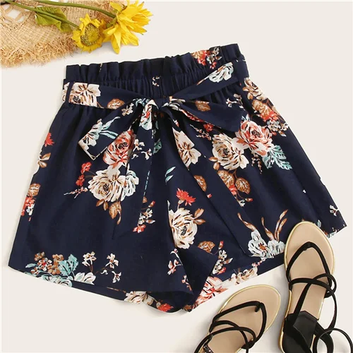 Многоцветный SHEIN шорты с цветочным принтом и поясом,, темно-синие, Boho, высокая талия, эластичная талия, женские свободные летние шорты - Цвет: Многоцветный