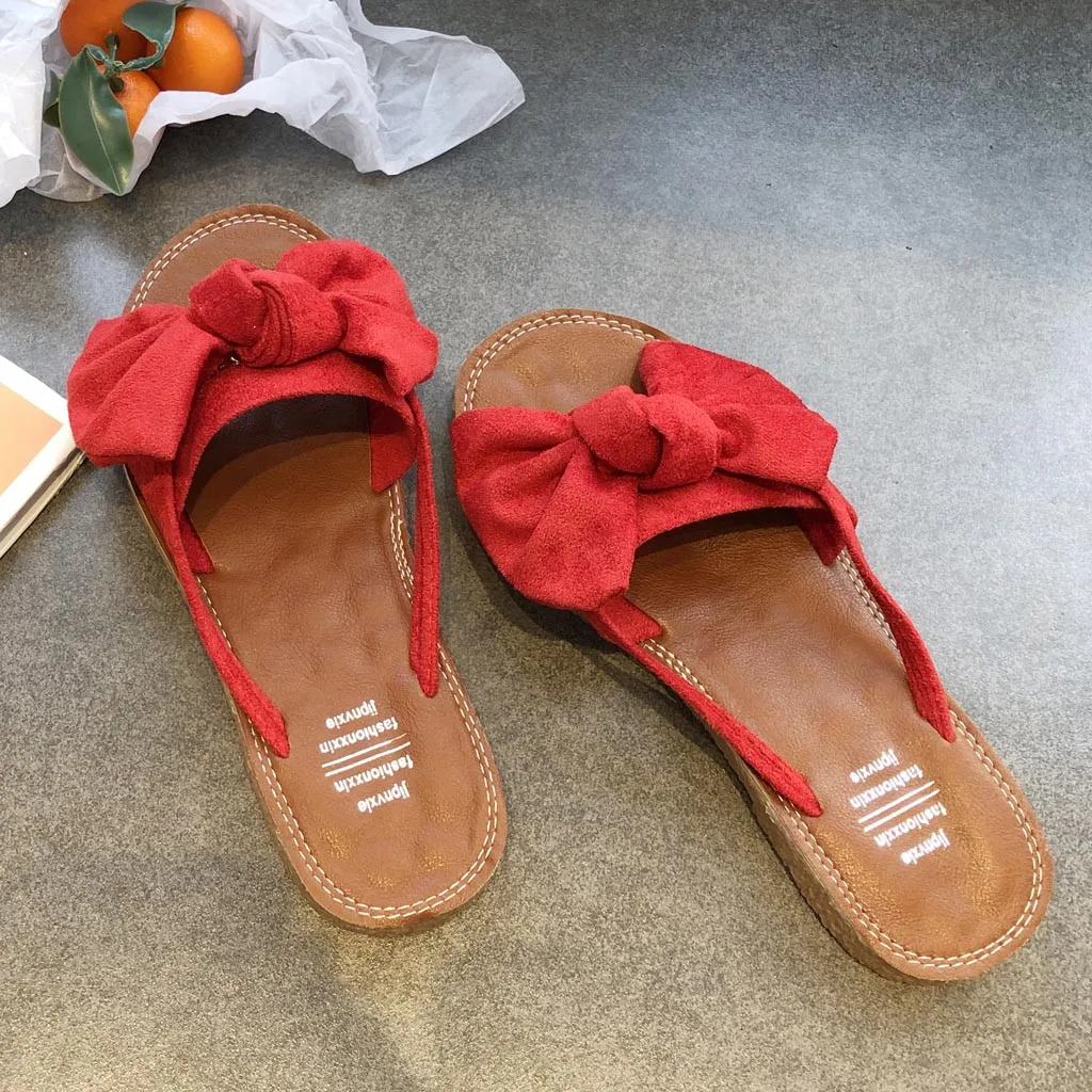 Женские однотонные сандалии с бантом на плоской подошве пляжные шлепанцы в