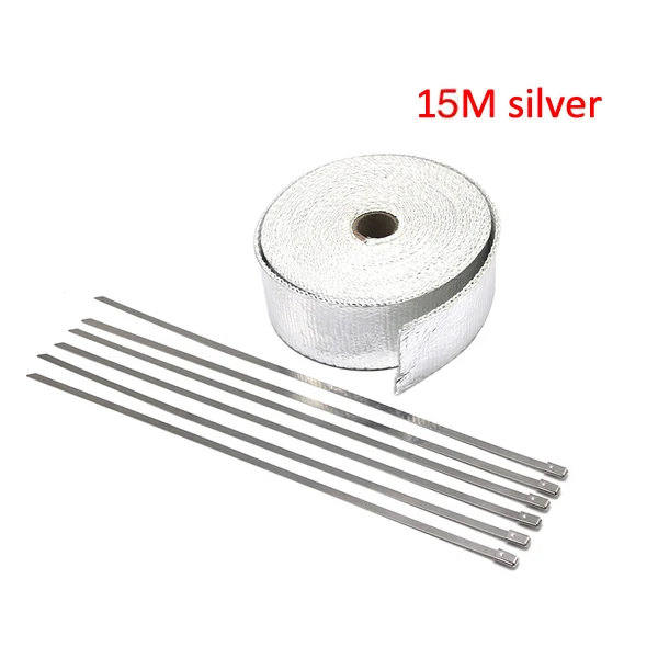 15M silver Alconstar-5M-15M мотоцикл Выхлопная обёрточная бумага трубный коллектор Тепловая обертка турбо Mainfold Тепловая выхлопная Тепловая обертка лента из нержавеющей стали галстук - Color: 15M silver