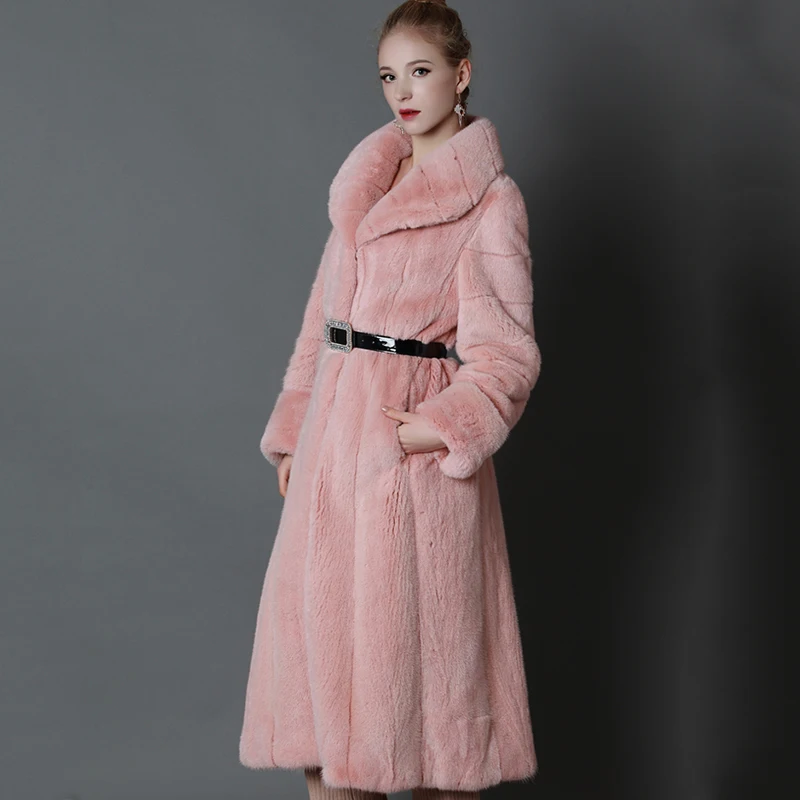 LVCHI Women tunic Elegant Genuine Leather Outerwear Winter Thick Warm Fashion Maxi Fur Pink X-Long Custom Mink Fur Coats