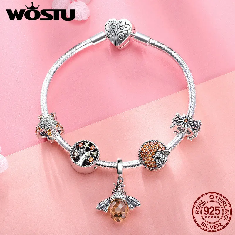 WOSTU Настоящее серебро 925 проба пчелы и Дейзи желтый Стиль браслет для Для женщин S925 серебряные ювелирные бусинки подарок BKB805