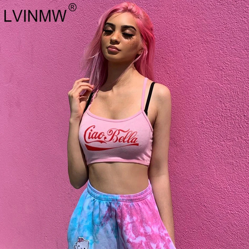 Женский укороченный топ LVINMW розовый на бретельках с буквенным принтом и вырезом
