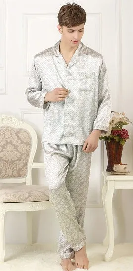 100%,  silk pajamas suit, men's silk home wear, long sleeve trousers, C word printing big size, loose burst 4