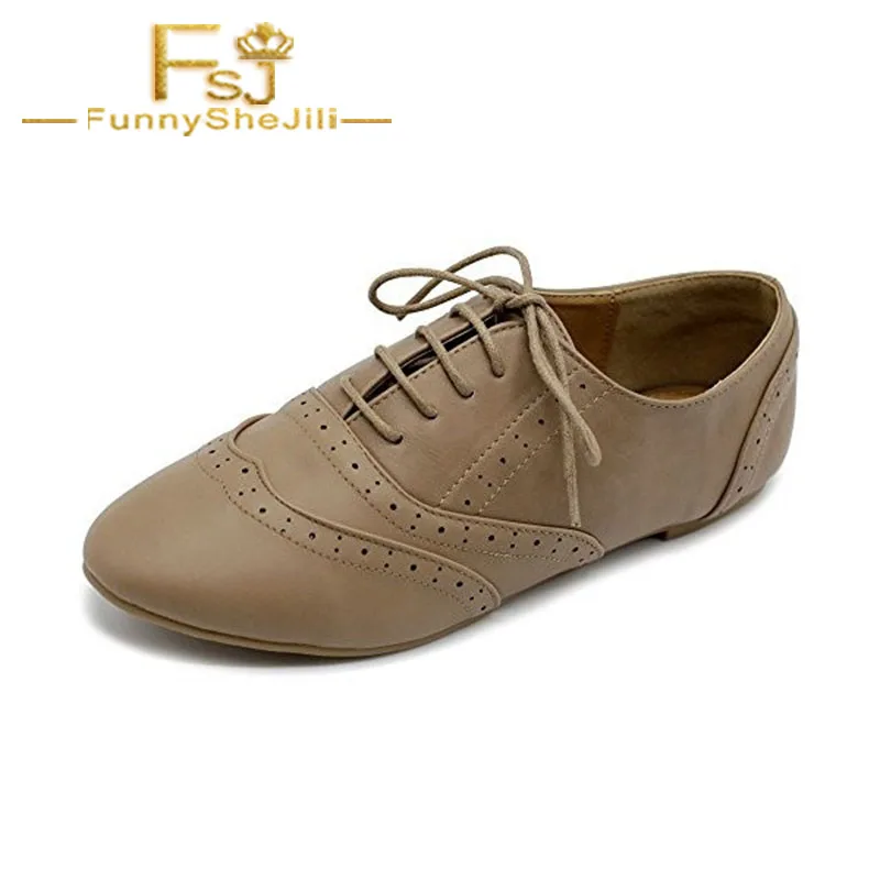 

Tan Round Toe Wingtip Shoes Vintage Flat Oxfords Lace-Up Shallow Spring Autumn Incomparable Noble Generous Sexy FSJ Elegant