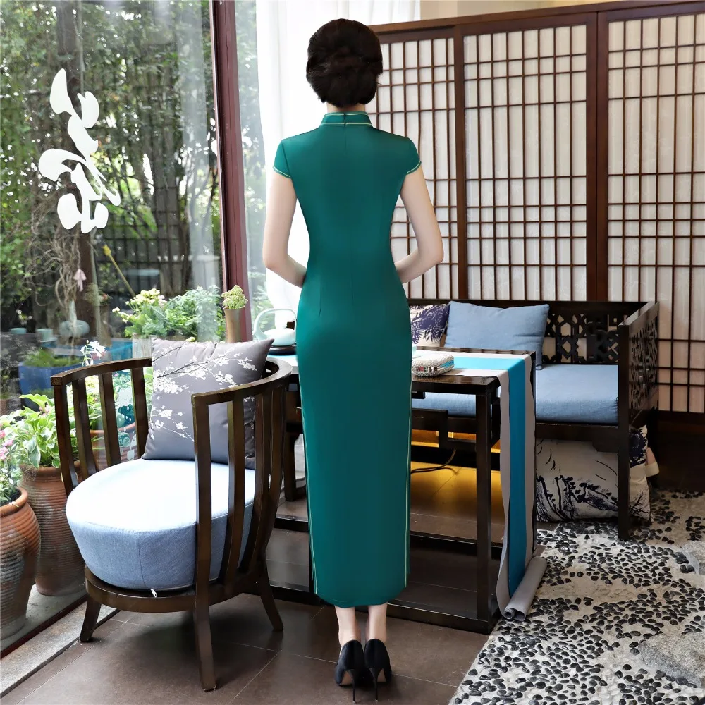Шанхай история искусственного шелка Qipao Платье длинное Cheongsam национальный тренд платья короткий рукав тонкий Традиционный китайский платье для женщин