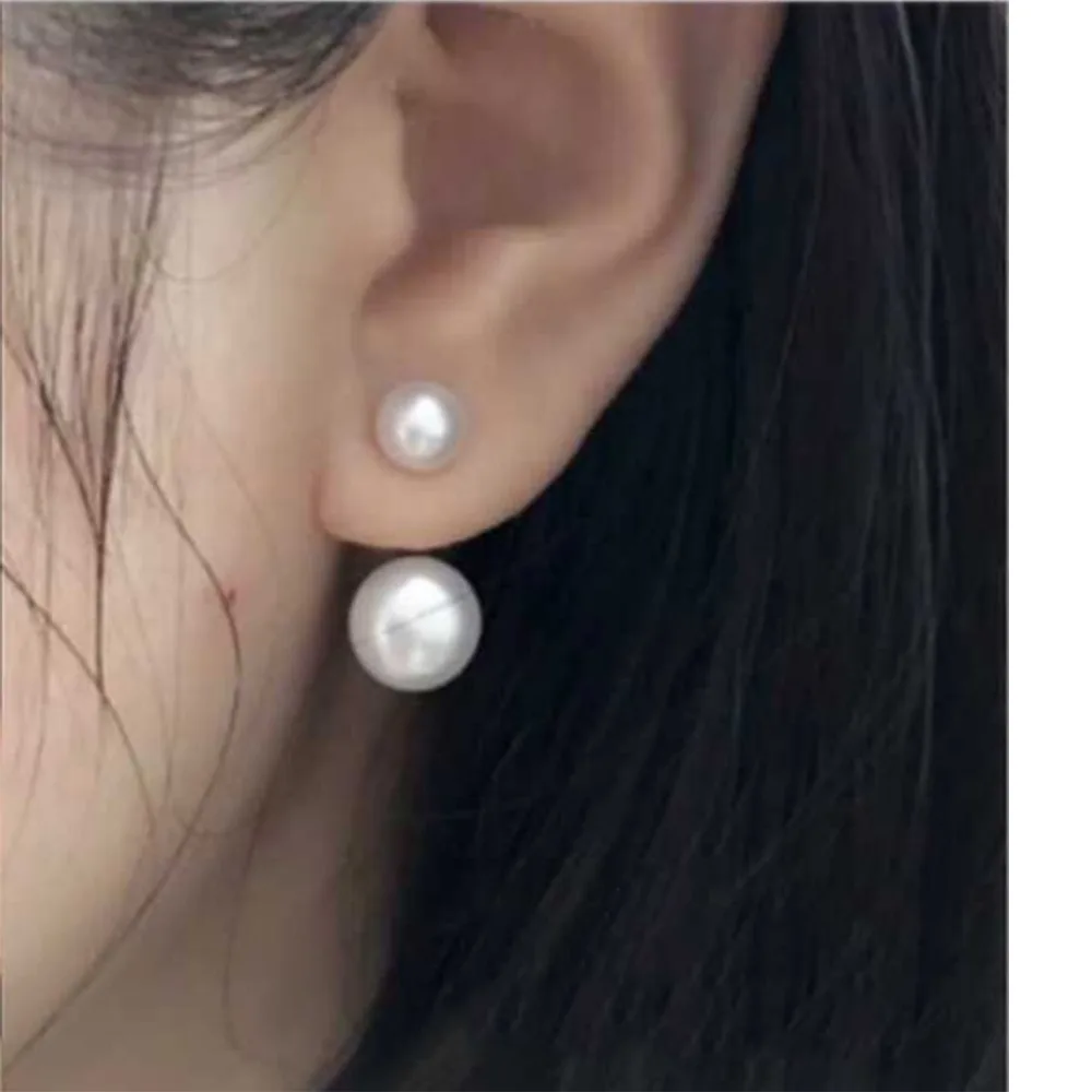 

New Arrival Pure 925 Sterling Silver SilverDouble Natural Round Pearl Beads Stud Earrings For Woman Wedding Fine Jewelry Gift