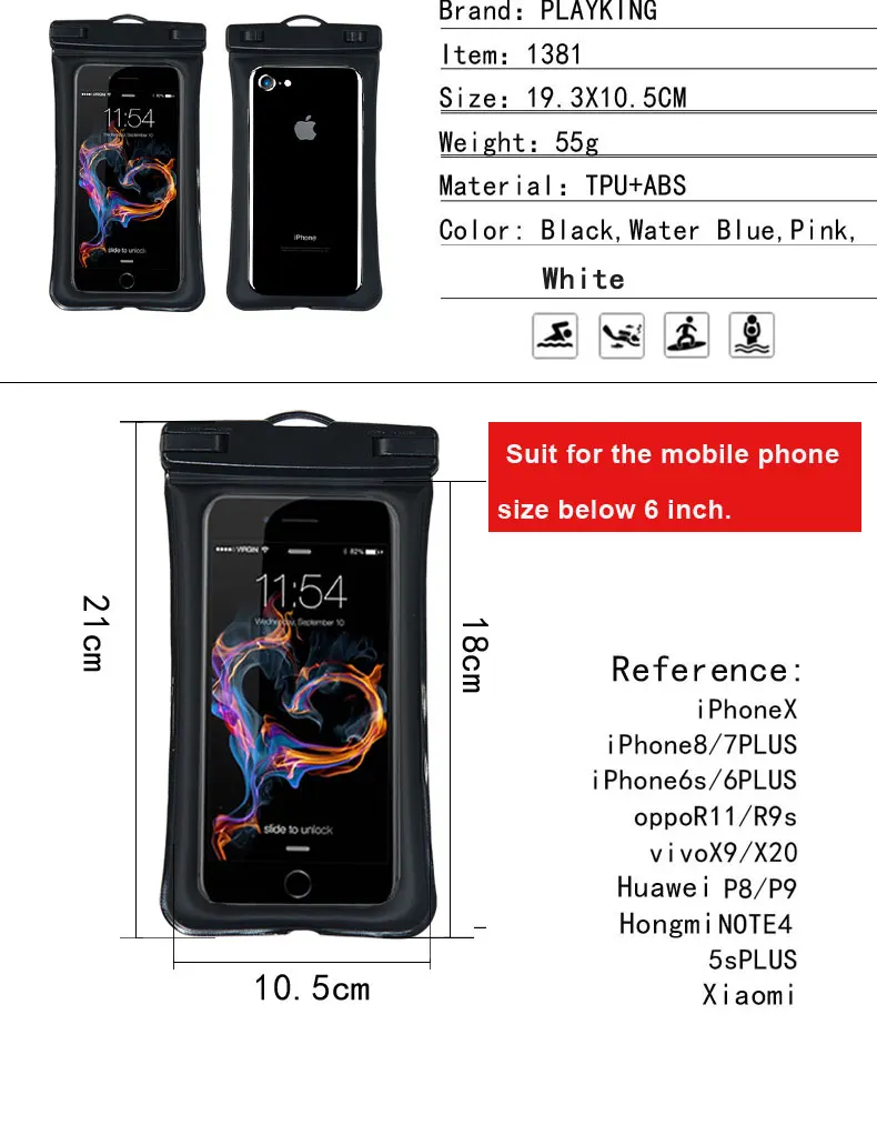 Универсальный Водонепроницаемый Чехол для телефона для iPhone X, 8, 7, 6, 5, плавательный чехол для телефона, сумка, чехол для телефона, 6, поплавок, подушка безопасности