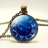 12 zodiac round pendant glass necklace choker silver plate chain healing amulet gift