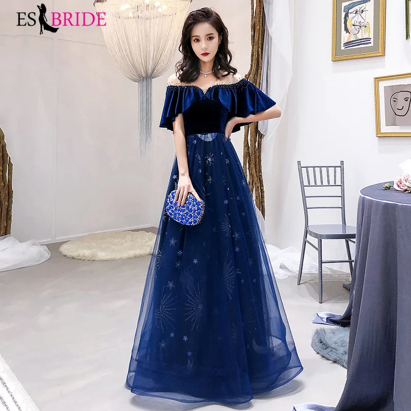 Королевский синий Vestidos De Fiesta De Noche блестящее звездное небо вечернее платье Robe De Soiree элегантные вечерние платья вечернее платье ES2370