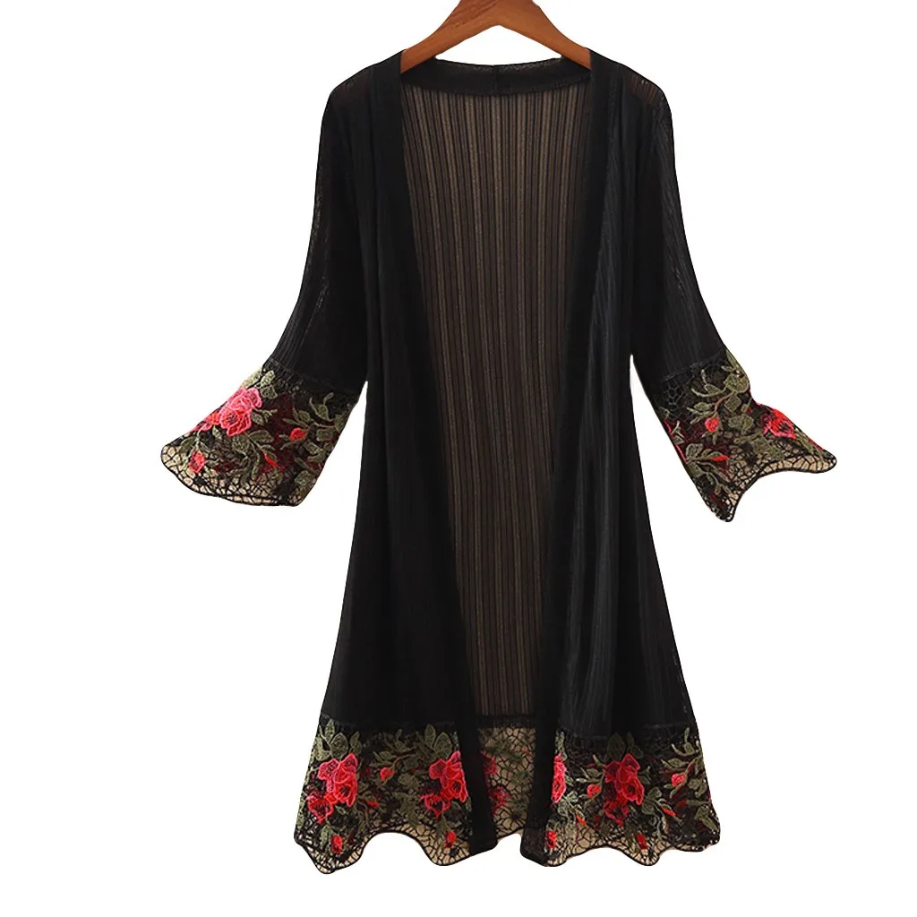 KLV Ретро женская летняя Солнцезащитная шифоновая Свободная блузка с вышивкой