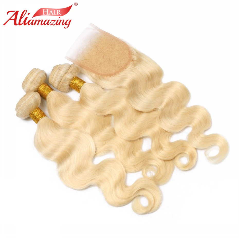 Ali Amazing Hair 613 Blonde Brazilian Body Wave Human Bundles with Closure 3 4x4 Lace Natural Color | Шиньоны и парики