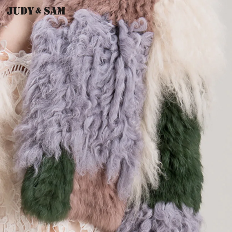 Женское пальто с длинными рукавами из натурального овечьего меха цветной в виде