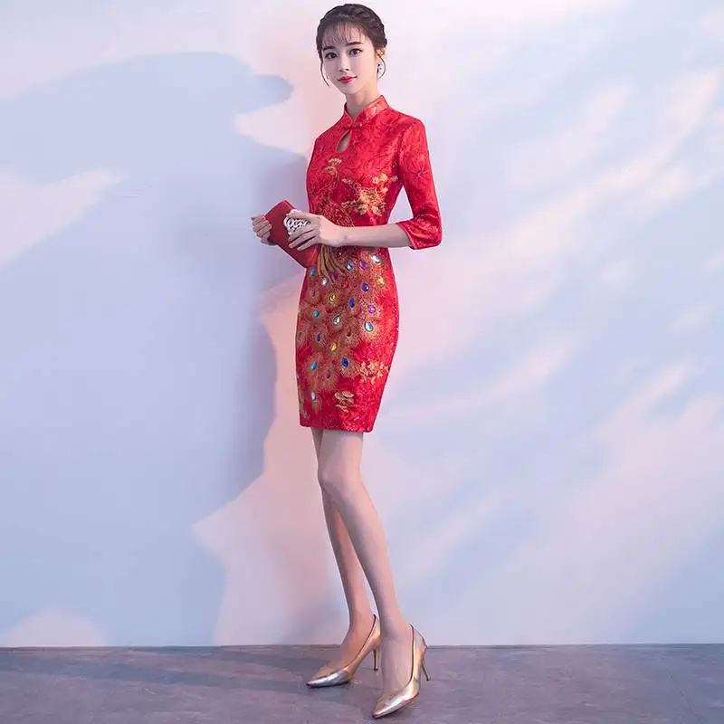 Красное мини-платье невесты Cheongsam Восточное женское свадебное платье с коротким